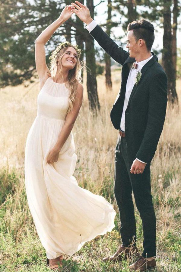 bohemian a line round neck chiffon beach wedding dress