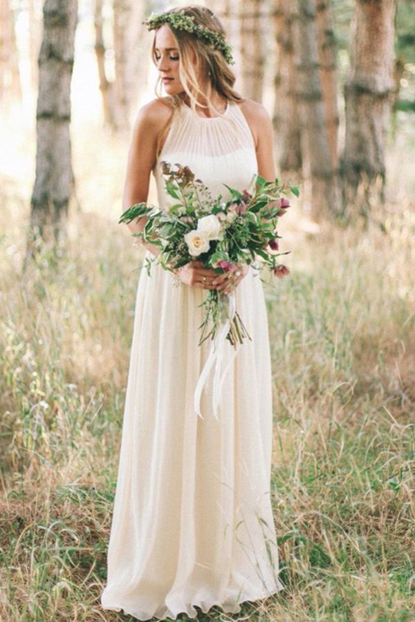 bohemian a line round neck chiffon beach wedding dress