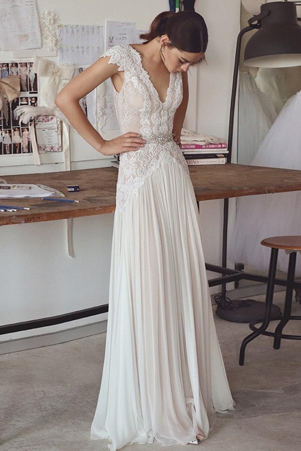 a line v neck chiffon lace backless wedding dress with beading