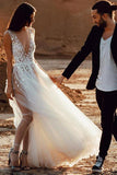 a line plunging neckline appliques tulle outdoor wedding dress with split