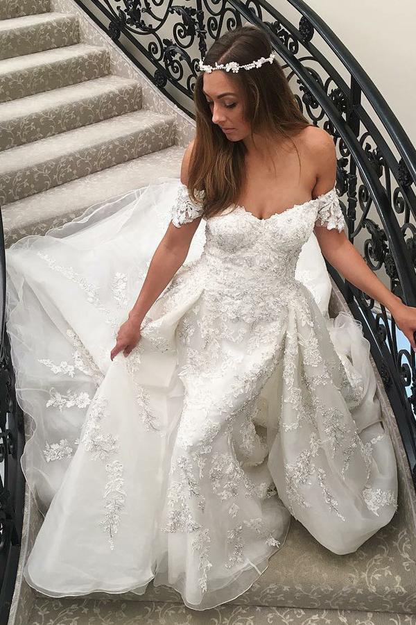 mermaid lace appliques off the shoulder wedding dress with detachable train