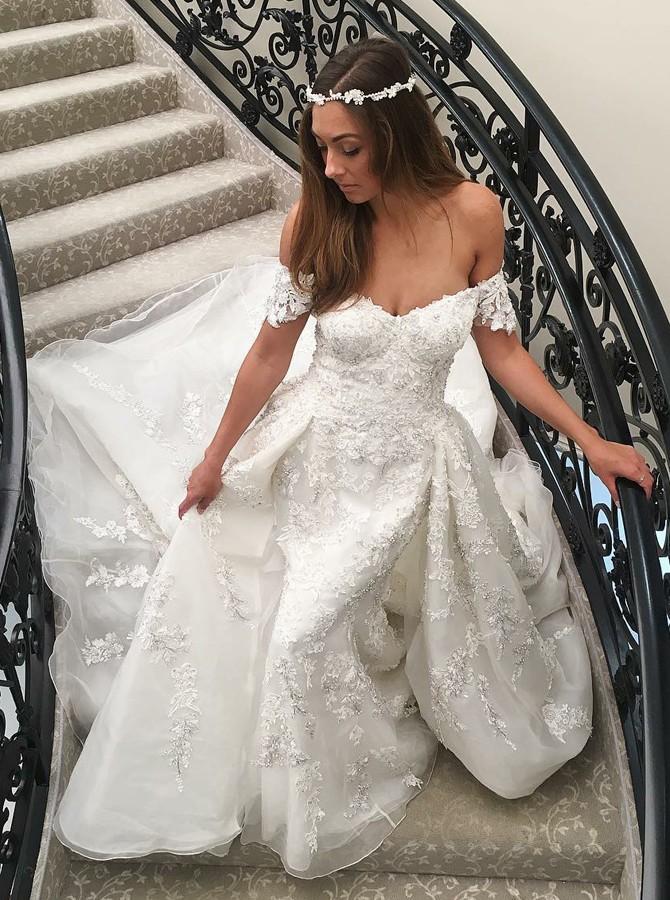 mermaid lace appliques off the shoulder wedding dress with detachable train