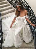 mermaid lace appliques off the shoulder wedding dress with detachable train