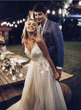 tulle appliques garden spaghetti wedding dresses with sweep train