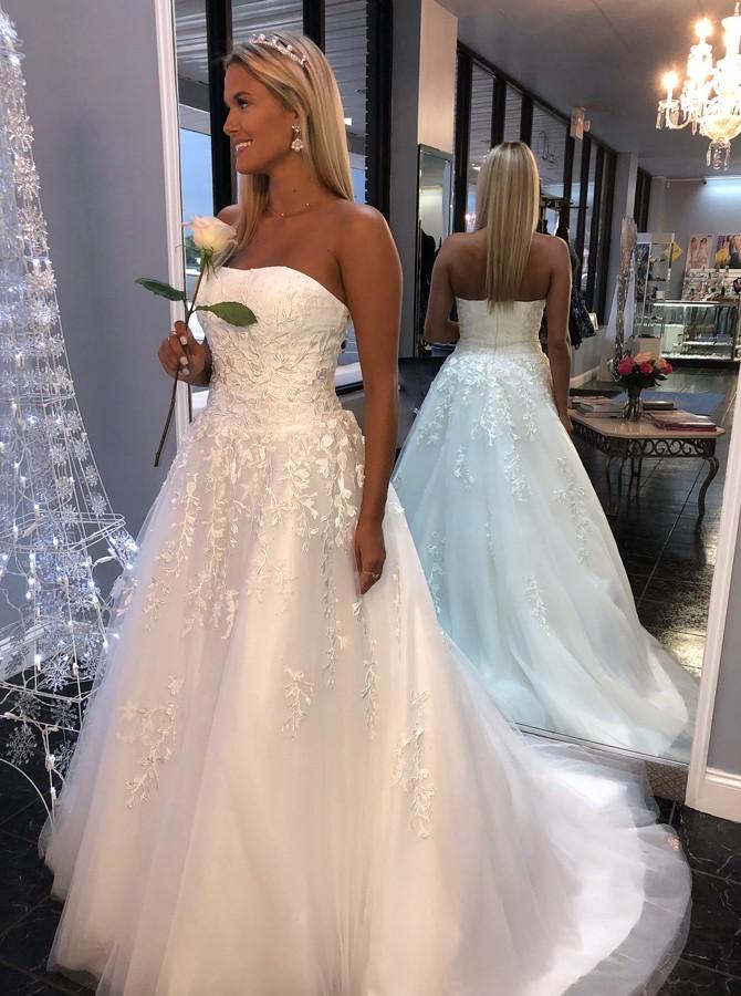 white a line tulle strapless wedding dresses with appliques