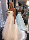 white a line tulle strapless wedding dresses with appliques