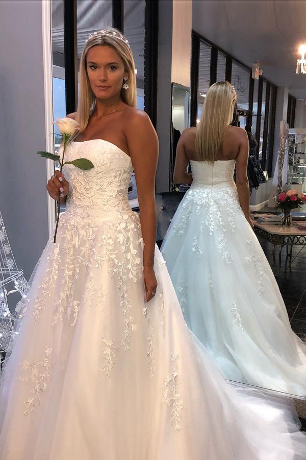 white a line tulle strapless wedding dresses with appliques