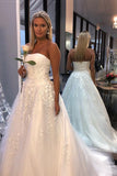 white a line tulle strapless wedding dresses with appliques
