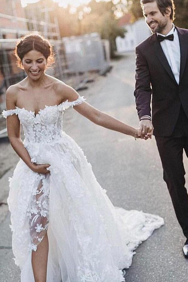 a line off the shoulder tulle wedding dresses with appliques