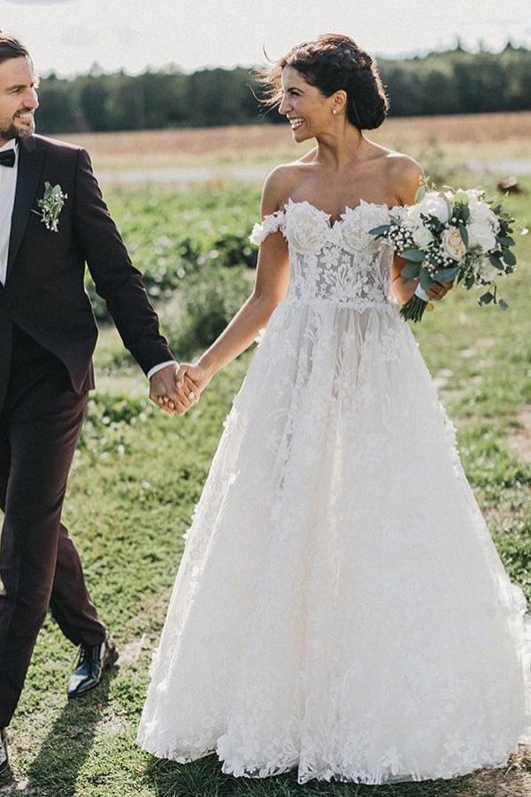a line off the shoulder tulle wedding dresses with appliques