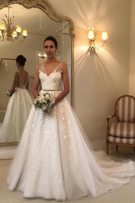 princess a line v neck backless wedding dress with appliques