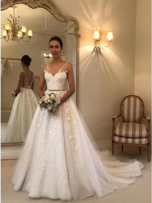 princess a line v neck backless wedding dress with appliques