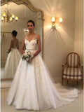 princess a line v neck backless wedding dress with appliques