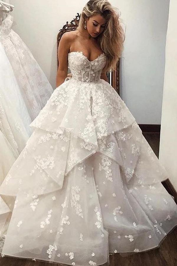 princess sweetheart layered long wedding dress with appliques