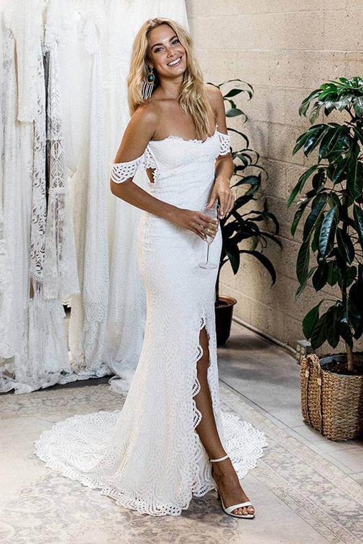 mermaid off the shoulder backless lace wedding dress with split