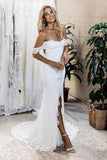 mermaid off the shoulder backless lace wedding dress with split