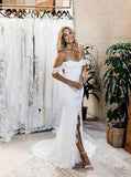 mermaid off the shoulder backless lace wedding dress with split
