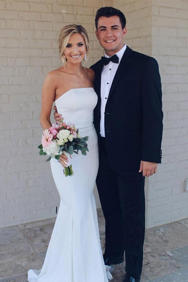 simple mermaid white elastic satin strapless wedding dresses