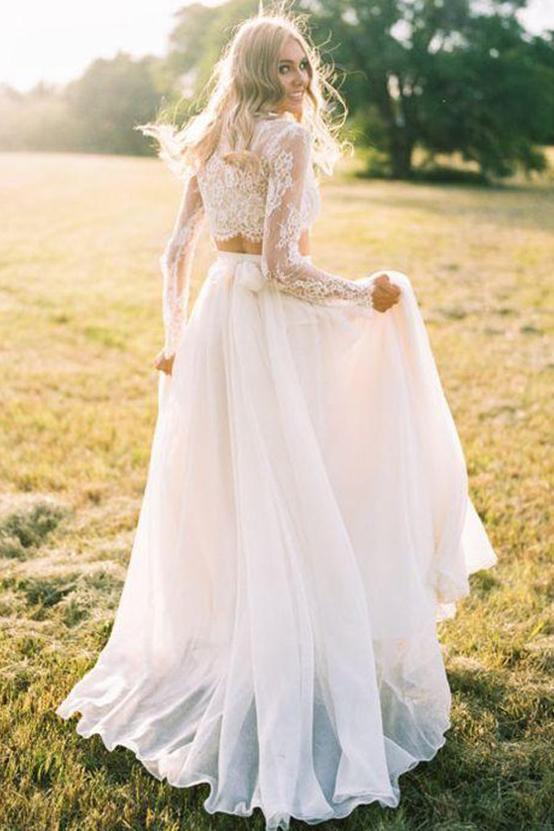 two piece round neck long sleeves lace beach boho wedding dress