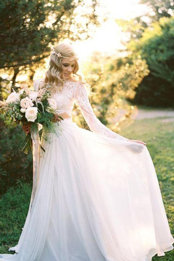 two piece round neck long sleeves lace beach boho wedding dress