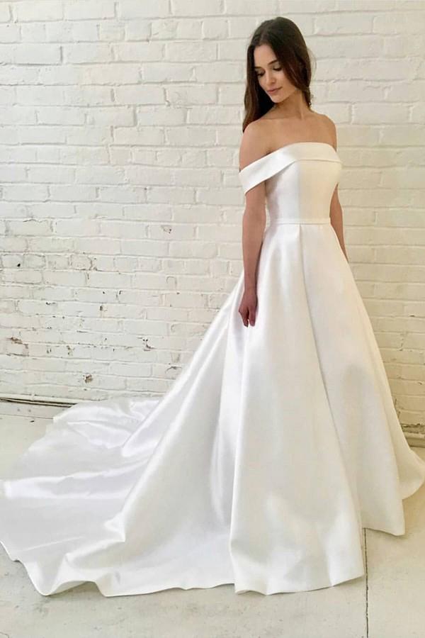 off the shoulder satin wedding dress simple a line wedding dress