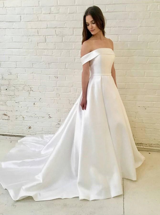 off the shoulder satin wedding dress simple a line wedding dress