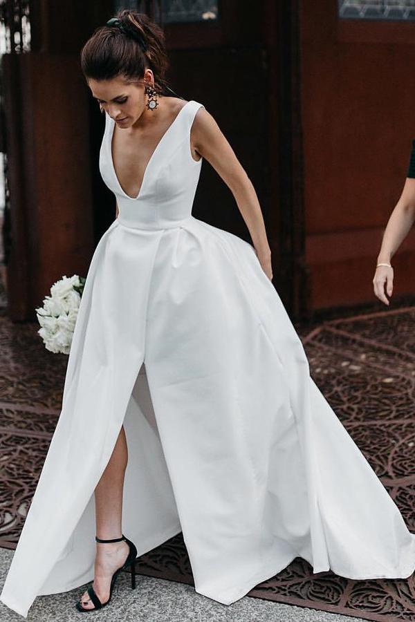elegant a line v neck satin simple wedding dress with split