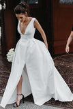 elegant a line v neck satin simple wedding dress with split