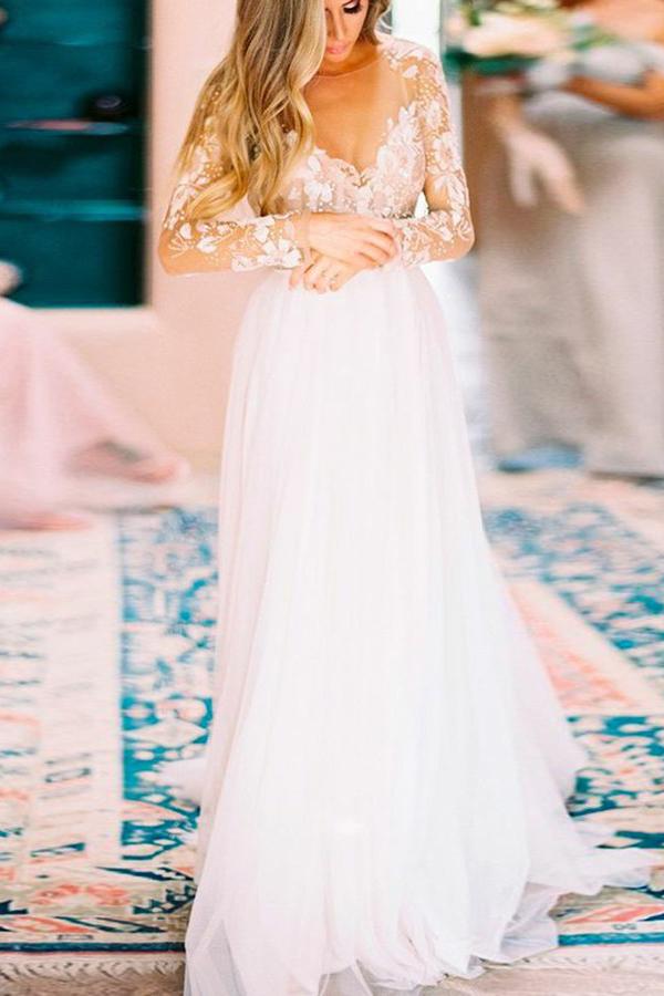 A-Line Sheer Bateau Backless Wedding Dresses With Appliques Long Sleeves PW139