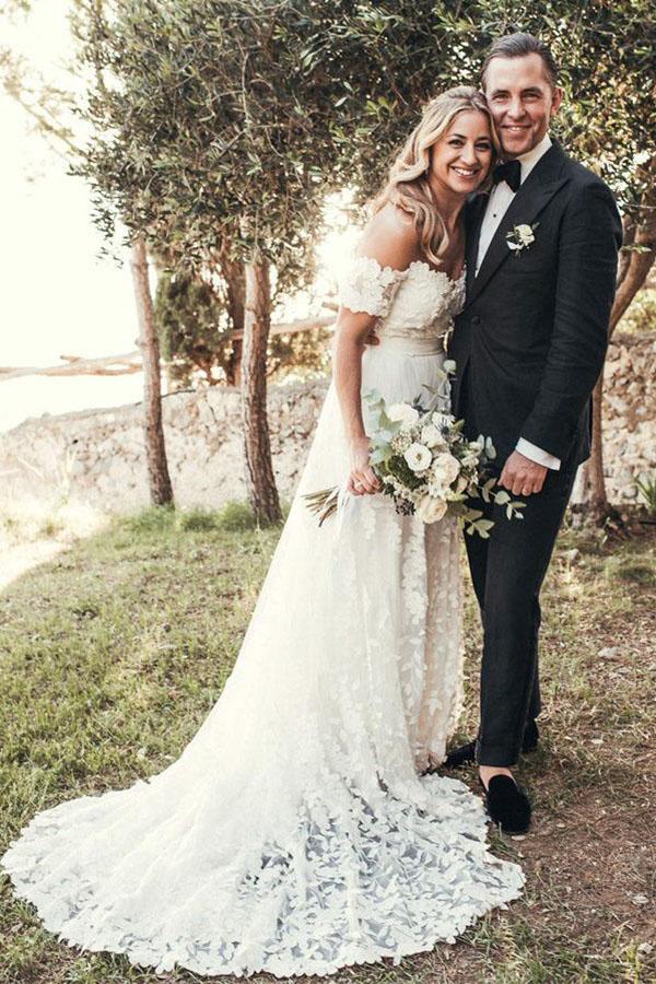 A-Line Off-Shoulder Bohemian Appliques Wedding Dresses with Train PW138