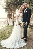 A-Line Off-Shoulder Bohemian Appliques Wedding Dresses with Train PW138