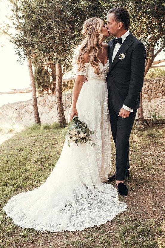 A-Line Off-Shoulder Bohemian Appliques Wedding Dresses with Train PW138