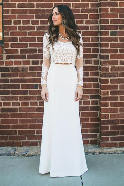 Crew Long Sleeves Two Piece Beach Sheath Wedding Dress with Lace PW137