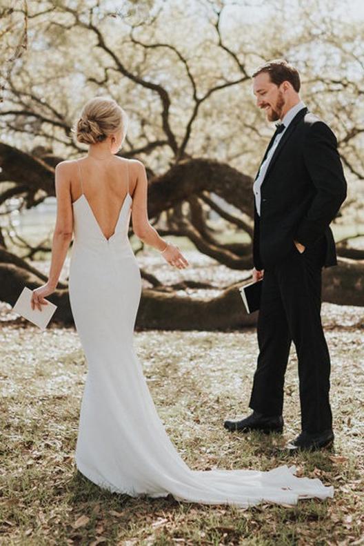 simple bridal gown mermaid spaghetti straps backless wedding dress
