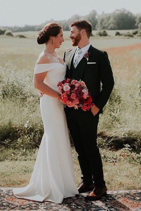 mermaid off the shoulder rustic wedding dress with ruched