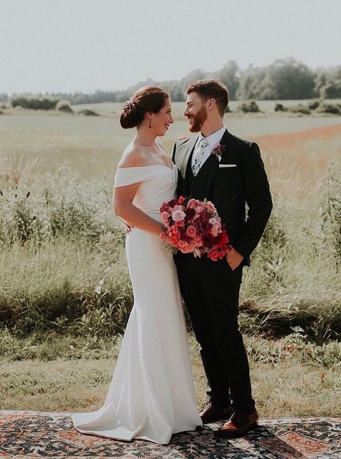 mermaid off the shoulder rustic wedding dress with ruched