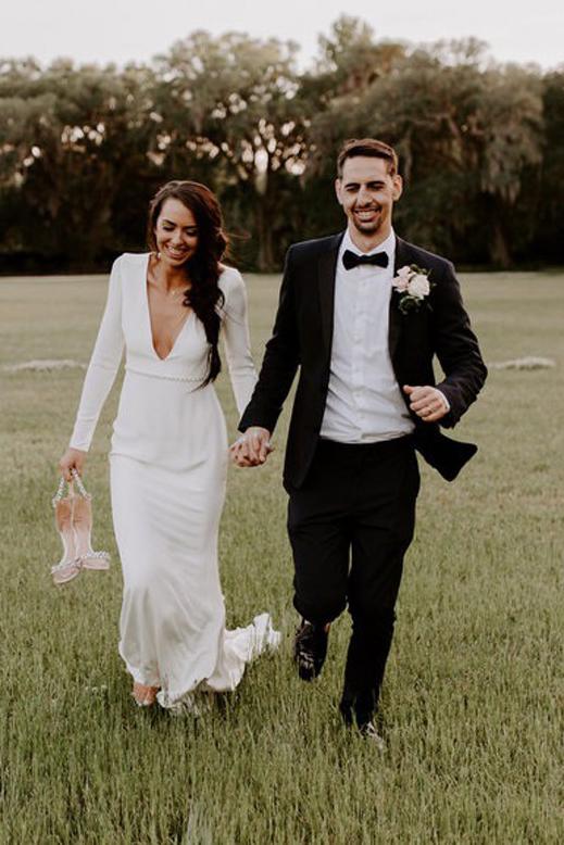 modest deep v neck beading long sleeves wedding dress