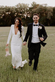 modest deep v neck beading long sleeves wedding dress
