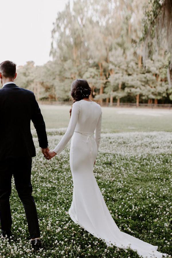 modest deep v neck beading long sleeves wedding dress