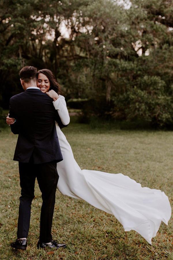 modest deep v neck beading long sleeves wedding dress