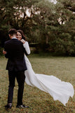 modest deep v neck beading long sleeves wedding dress