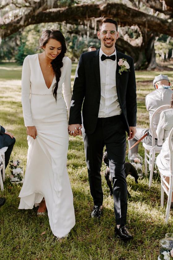 modest deep v neck beading long sleeves wedding dress