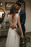 a line v neck tulle long wedding dress with lace appliques
