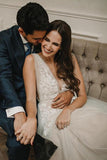 a line v neck tulle long wedding dress with lace appliques