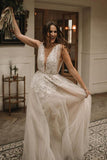 A-Line V-Neck Tulle Long Wedding Dress with Lace Appliques PW169
