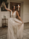 a line v neck tulle long wedding dress with lace appliques
