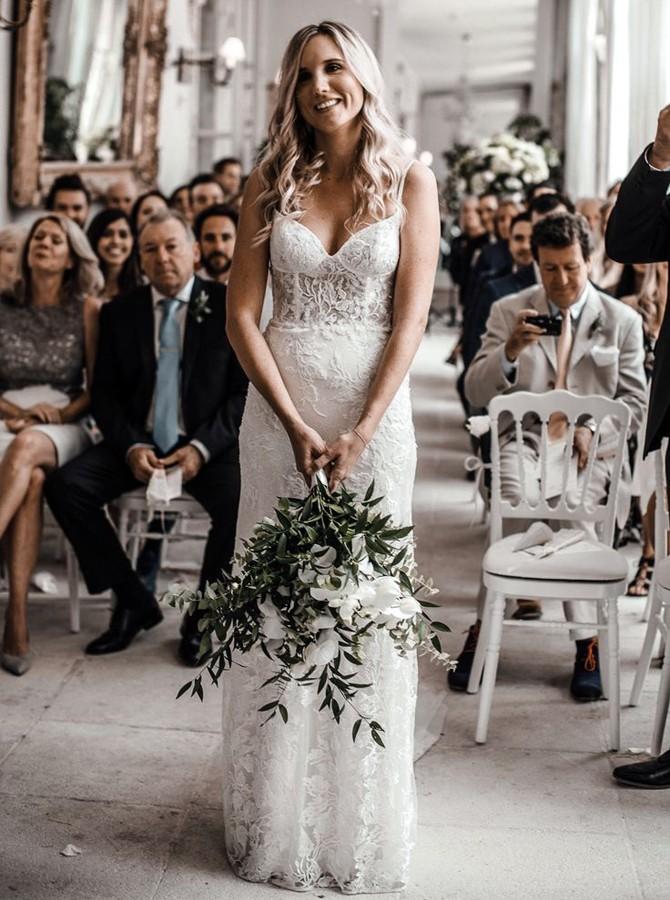 Spaghetti Straps Sheath Lace Wedding Dress, Boho Lace Bridal Gown PW58