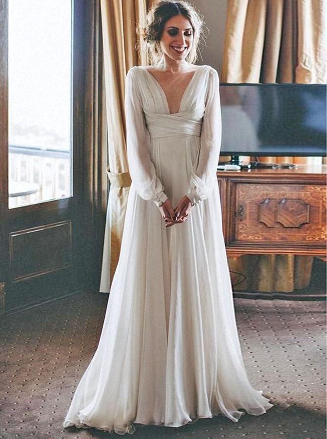 Elegant V-Neck Chiffon Beach Wedding Dresses With Long Sleeves PW61