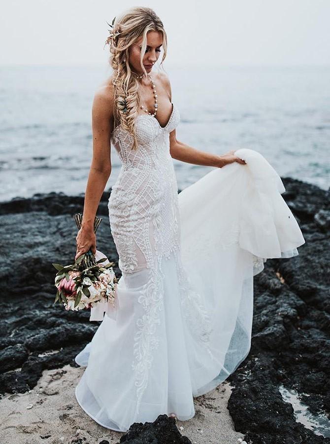 Mermaid Sweetheart Lace Appliques Beach Wedding Dress PW68