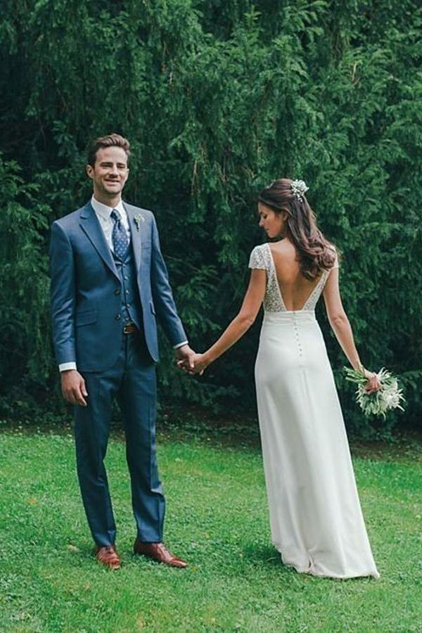 Cap Sleeves Sheath V-Neck Backless Wedding Dresses with Lace PW71